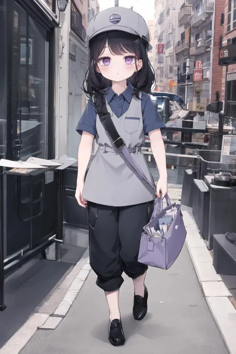 <lora:hardgore2:0.6>, hardgore alice, bags under eyes, purple eyes, black hair, cityscape, <lora:mailman-10:0.8> mailman, envelope, blue shirt, collared shirt, hat, messenger bag, pants