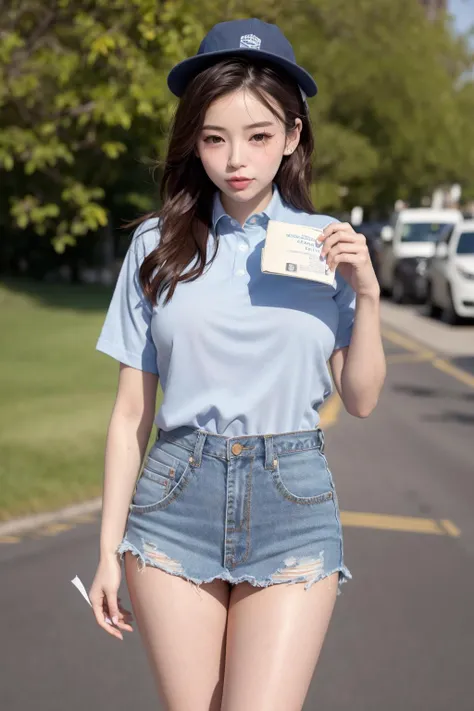 <lora:mailman_V1:0.8>, <lora:eastasianDoll_v40:0.2>, ulzzang-6500-v1.1, pureerosface_v1, best quality, masterpiece, illustration, (realistic, photo-realistic:1.37), amazing, finely detail, incredibly absurdres, huge filesize, ultra-detailed, highres, extremely detailed CG unity 8k wallpaper, beautiful detailed girl, extremely detailed eyes and face, beautiful detailed eyes, ray tracing, 1girl, young girl, (wet short hair), bob cut, bangs, narrow waist, medium breasts, small pink nipples, sweat, skindentation, detailed fingers, see-through, soaked through, open clothes, blue cap, collared shirt, blue shirt, pencil skirt, blue shirt, mailman, (holding box|package|envelope|letter), mail delivery, cityscape, street, sidewalk, heavy breathing, blush, torogao, orgasm, embarrassed, drunk, fucked silly, naughty face, god rays, front light, nsfw, ultrawide shot, depth of field,