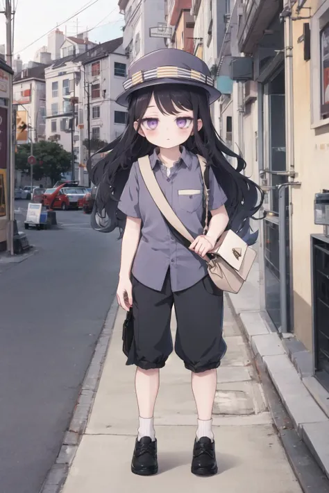 <lora:hardgore2:0.6>, hardgore alice, bags under eyes, purple eyes, black hair, cityscape, <lora:mailman-10:0.8> mailman, envelope, blue shirt, collared shirt, hat, messenger bag, pants