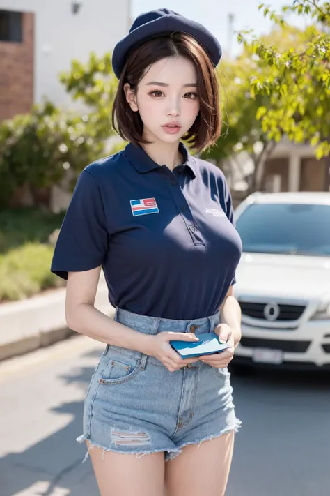 <lora:mailman_V1:0.8>, <lora:eastasianDoll_v40:0.2>, ulzzang-6500-v1.1, pureerosface_v1, best quality, masterpiece, illustration, (realistic, photo-realistic:1.37), amazing, finely detail, incredibly absurdres, huge filesize, ultra-detailed, highres, extremely detailed CG unity 8k wallpaper, beautiful detailed girl, extremely detailed eyes and face, beautiful detailed eyes, ray tracing, 1girl, young girl, (wet short hair), bob cut, bangs, narrow waist, medium breasts, small pink nipples, sweat, skindentation, detailed fingers, see-through, soaked through, open clothes, blue cap, collared shirt, blue shirt, pencil skirt, blue shirt, mailman, (holding box|package|envelope|letter), mail delivery, cityscape, street, sidewalk, heavy breathing, blush, torogao, orgasm, embarrassed, drunk, fucked silly, naughty face, god rays, front light, nsfw, ultrawide shot, depth of field,