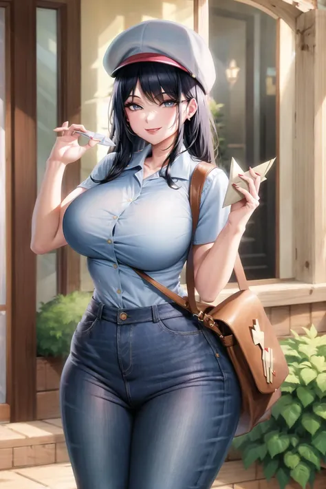 porch, mailman, large breasts, wide hips, collared shirt, jeans, blue shirt, smile, messenger bag, hat, envelope, letter, <lora:mailman-10:0.6>, <lora:Vampirella-15:0.6>, vampirella,