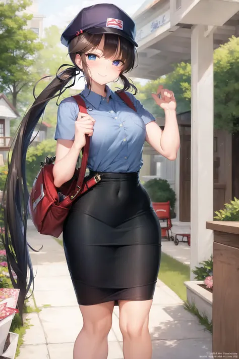 porch, mailman, small breasts, wide hips, collared shirt, pencil skirt, blue shirt, smile, messenger bag, hat, envelope, letter, <lora:mailman-10:0.6>, <lora:ryoubi-07:0.6>, ryoubi \(senran kagura\), heterochromia, white pupils, twintails,