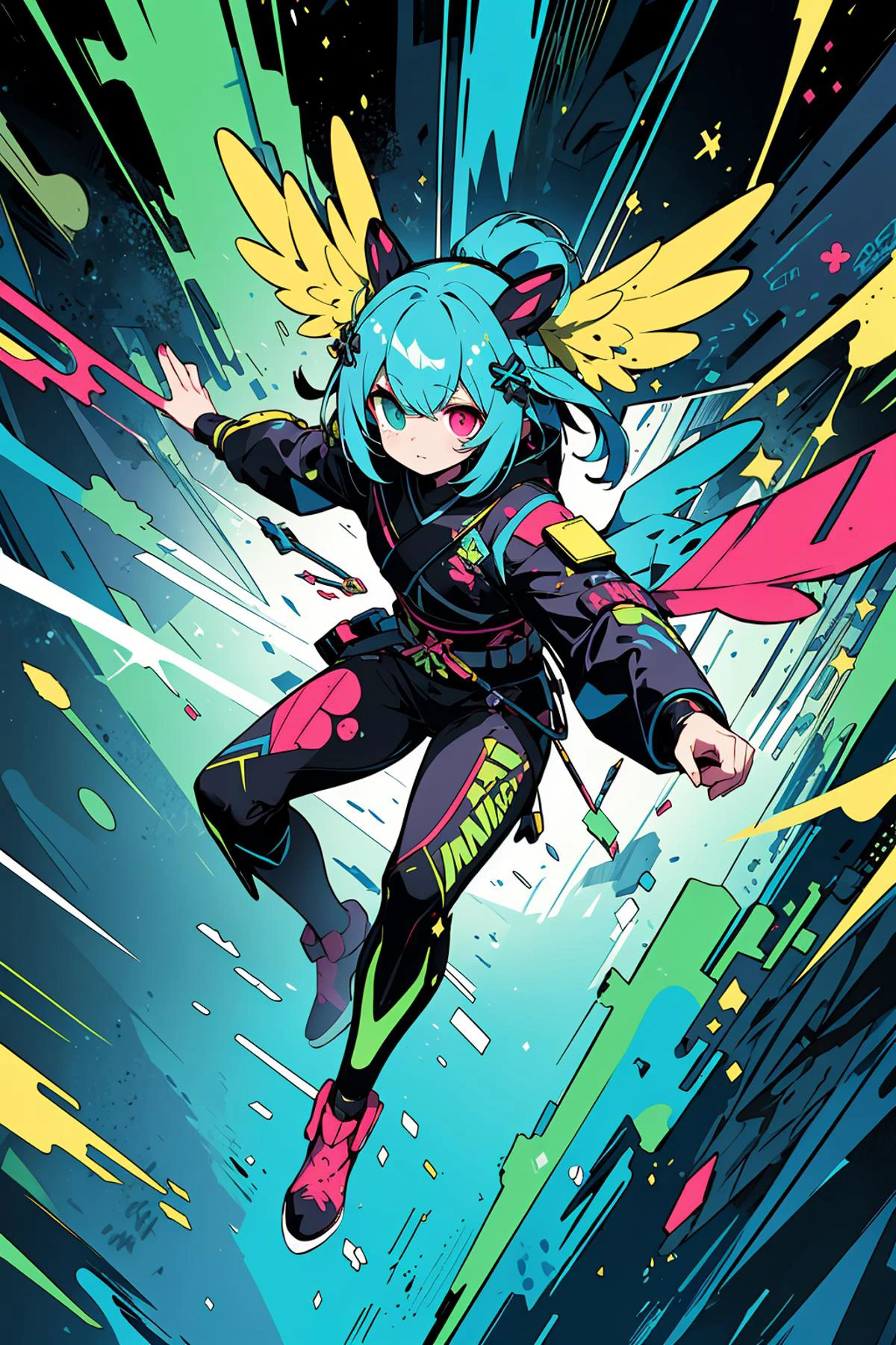 (masterpiece:1.3),(best quality:1.2),8k,absurdres,unity 8k wallpapper,(extremely detailed:1.3),highestres,solo, Eyelashes, close-up, Cyan, Green, Purple, pink, yellow, Blue, Wings, Dynamic Pose, floating, Fluorescent, UV, Surreal, (Graffiti:1.2), Stars,heterochromia, <lyco:UV_fluorescence-LyCORIS:0.6>, UV_fluorescence,(1girl:1.2), colorful,full body, floats over forest and stretches his body, <lora:mixed_patterns_of_text_and_emoji:0.5>, Qing Kung, <lora:绪å¿-è½»å_Qing_Kung:0.5>