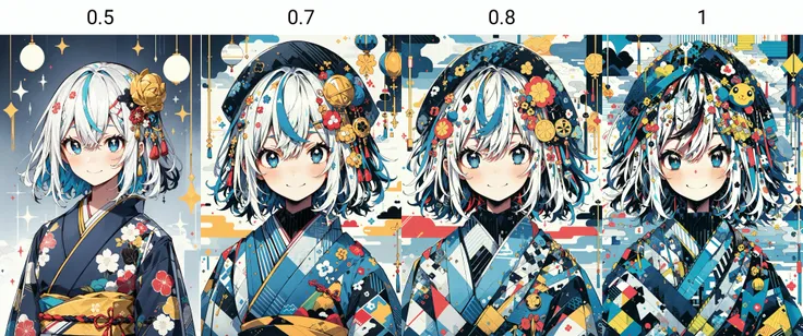 <lora:mixed_patterns_of_text_and_emoji:0.5>1girl, solo, looking_at_viewer, blush, smile, short_hair, bangs, blue_eyes, hair_ornament, hair_between_eyes, closed_mouth, blue_hair, upper_body, white_hair, multicolored_hair, japanese_clothes, kimono, black_kimono