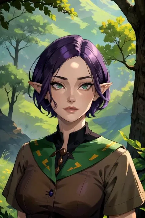 portrait of violynne, short hair, purple hair,brown eyes, green eyes, pointy ears, <lora:violynne:0.45> outdoor, forest, (masterpiece, best quality, artwork, colorful, detailed, comic:1.0)