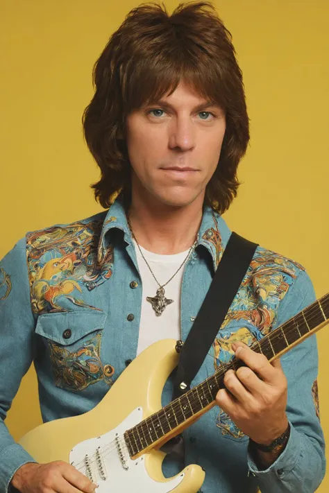 60's psychedelic poster of <lora:Jeff_Beck_SDXL:0.8> yJeff_Beck holding guitar, in the style of Milton Glaser