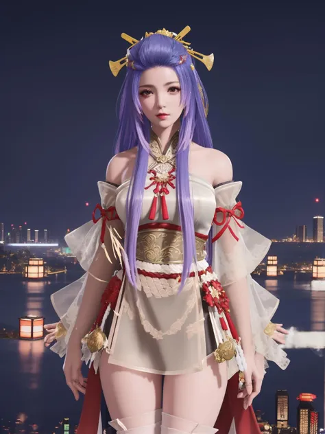 <lora:yjwjHTyuzhailuomeng_20230728131322:0.75>,1girl,long hair, hair ornament, bare shoulders,detached sleeves, looking at viewer, mature female, cityscape, night, thighhighs, multicolored hair, cowboy shot, see-through, bow, hair ribbon, japanese clothes, arms behind back,