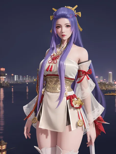 <lora:yjwjHTyuzhailuomeng_20230728131322:0.75>,1girl,long hair, hair ornament, bare shoulders,detached sleeves, looking at viewer, mature female, cityscape, night, thighhighs, multicolored hair, cowboy shot, see-through, bow, hair ribbon, japanese clothes, arms behind back,