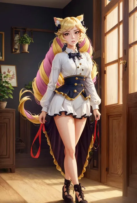 <lora:СÑÐ¸Ð»Ñ shad LOL:0.9>, <lora:ÐоÑка-девоÑка из Ñок ÑоÑ(Himeko, very long hair, red eyes, hair bow, twin_drills, twintails, long hair,cat ears, yellow cat ears,):0.7>, Himeko, very long hair, red eyes, hair bow, twin_drills, twintails, long hair,cat ears, yellow cat ears, (((masterpiece))), (((best quality))), (((illustration))), (((finely detail))), ((extremely detailed cg unity 8k wallpaper, highres)), (beautiful detailed face and eyes and hair:1.1), (an extremely delicate and beautiful girl:1.2), ultra-detailed, ultra high res, high quality, 4K, extreamly delicate and beautiful, full_body, standing, in full growth, hourglass waist