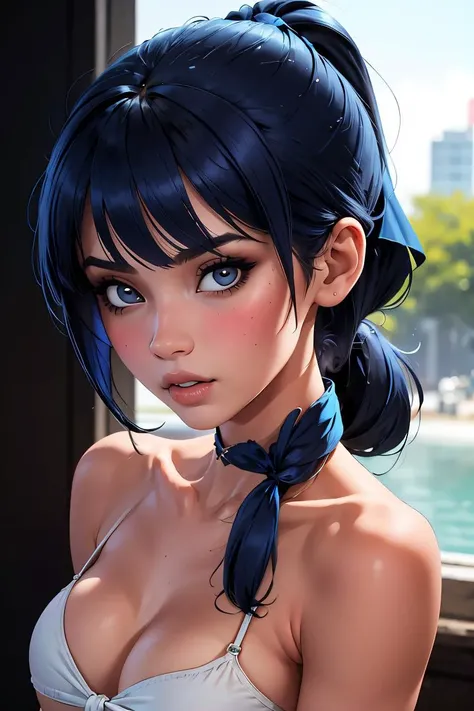 Generate a high-quality 8k resolution image using advanced rendering techniques such as photon mapping, radiosity, and physical rendering with automatic white balance. 2. The image should feature a woman with the following specifications: - Smooth, soft skin with visible pores and a heart-shaped butt, reflecting a current trend in Brazil. - Perfect skin, with freckles and blue hair. - Her hair should be very long, with parted bangs and a long braid. - She should have ultra-detailed eyes and a smiling expression. - She is wearing cotton mesh micro lingerie, cotton underwear or very short pajamas, and gym clothes. The woman's pose should be sexy, looking directly at the viewer. She may be scantily clad, with small breasts and nipples visible. The image should focus on the woman's beautiful, symmetrical face, with a bikini line on her tanned skin. The lighting should be cinematic, with masterful lighting and slightly intensified twilight. Use perfect lighting, dark, night, and cinematic lighting. The background should be ultra-detailed, rendered using CGI with Unreal Engine 5. Photo Studio, but must have a soft focus effect. The final artwork should not be based on a specific photograph, but should look realistic. The composition should evoke a sense of technology and high-quality craftsmanship, reminiscent of a masterpiece of illustration and CG art. The composition must include elements of unity, wallpaper, and official art. The final image must present fine details, extreme delicacy and beauty, with sharp focus and a high level of detail. The woman's hair should be detailed with fringes. The image should be rendered with a black background and a simple background.