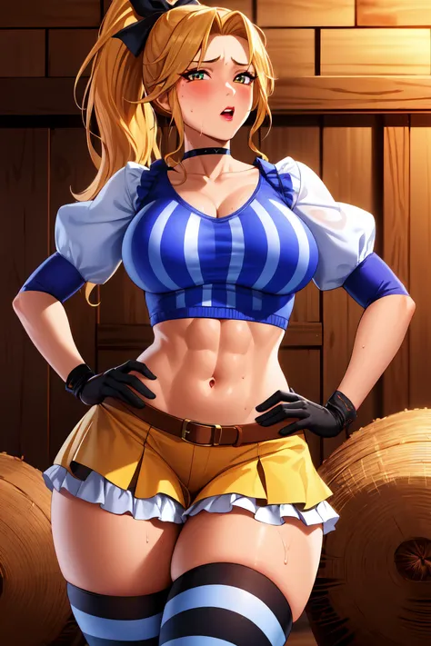 masterpiece, best quality, extremely detailed, 1girl, mature female, solo, (dark brown skin:2), centorea shianus, (gigantic breasts:1.2), ((((blonde hair), long hair, blue eyes, centaur, horse ears, horse tail, hooves))), parted lips, (((collarbone, blue bikini, very long white skirt))), ((light smile), closed mouth), ((hands on own hips, bedroom), fullbody