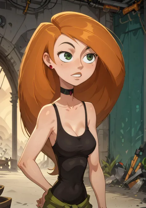 <lora:Kim_Possible:1> Kim Possible, long hair, orange hair, green eyes, choker, medium breasts, slim waist,  <lora:Wakfu_CartoonV02:1> breasts, collarbone, medium breasts,  content rating, safe, ,   <lora:shadV6.1LOL:1>