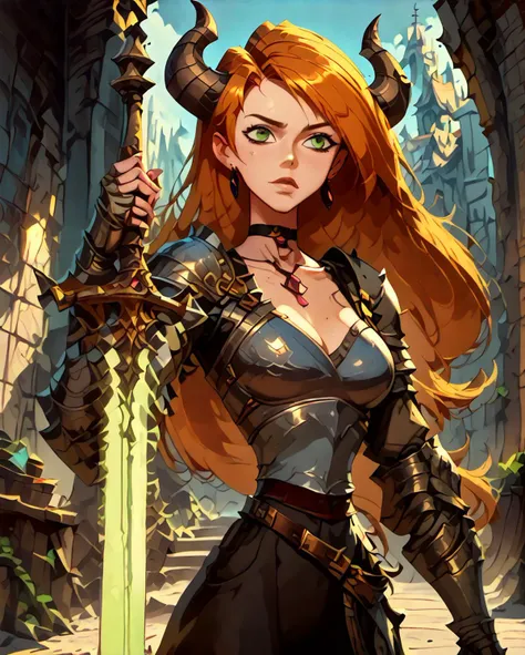 <lora:Kim_Possible:1> Kim Possible, long hair, orange hair, green eyes, choker, medium breasts, slim waist,  <lora:Wakfu_CartoonV02:1> breasts, collarbone, medium breasts,  content rating, safe, ,  <lora:V2_Pony_Fantasy_Knights_-_By_HailoKnight:1> hkstyle, score_9, score_8_up, score_7_up, score_6_up, score_5_up, score_4_up, (beautiful demon woman, horns, wearing armor, holding pink glowing sword:1.2), dungeon in background, concept art, digital art, realistic, <lora:shadV6.1LOL:1>