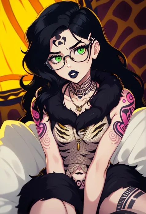 (masterpiece, best quality:1.2), extremely detailed, detailed hair, intricate details, anime, finely detailed, futanari, 1girl, mature female, western features, solo, close up, looking at viewer, sitting, spread legs, navel, curvy, thick thighs, cleavage, animal skin skirt, fur cloak, (skirt lift:1.2), single hair intake, alternate hairstyle, colored tips,low-tied long hair, hairclip, sweat, makeup, (black lips), lips,(tribal tent background, animal pelt bed,simple background:1.3),   (((black hair)), long wavy hair, big hair, loose hair, big eyes, (green eyes), (glasses:1.3) <lora:breastsizeslideroffset:-.9>), (detailed tattoos, intricate tattoo, ((tribal tattoo)), shoulder tattoo,) lora:Savage_Design:.7> Savage_Design, bone necklace, tribal, cavewoman outfit, lipstick, big hair, (very long hair:1.3)    ((tiger print)) wide hips,  (<lora:fakelips_1:1> (huge lips:1.2), lip filler, large lips),  feral expression,  <lora:shadV6.1LOL:1> <lora:ColoredLipstick:1> black lipstick,