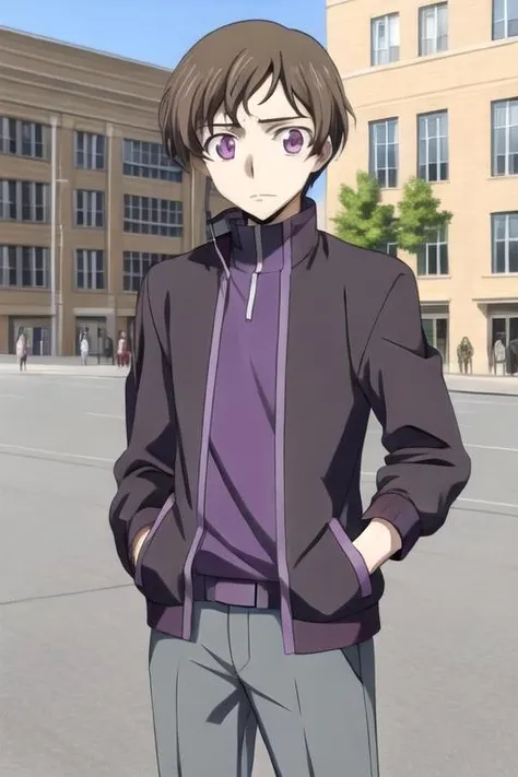 rololamperouge, looking at viewer, brown hair, jacket, 1boy, purple eyes, in front of school, building in background, many people in background <lora:rololamperouge:0.5>
