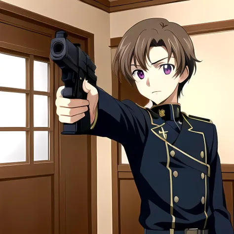 masterpiece, best quality,  rololamperouge,  20 years old, 1boy, military uniform, aiming with a gun, left eye purple, at an event <lora:rololamperouge:0.4> ADDCOL