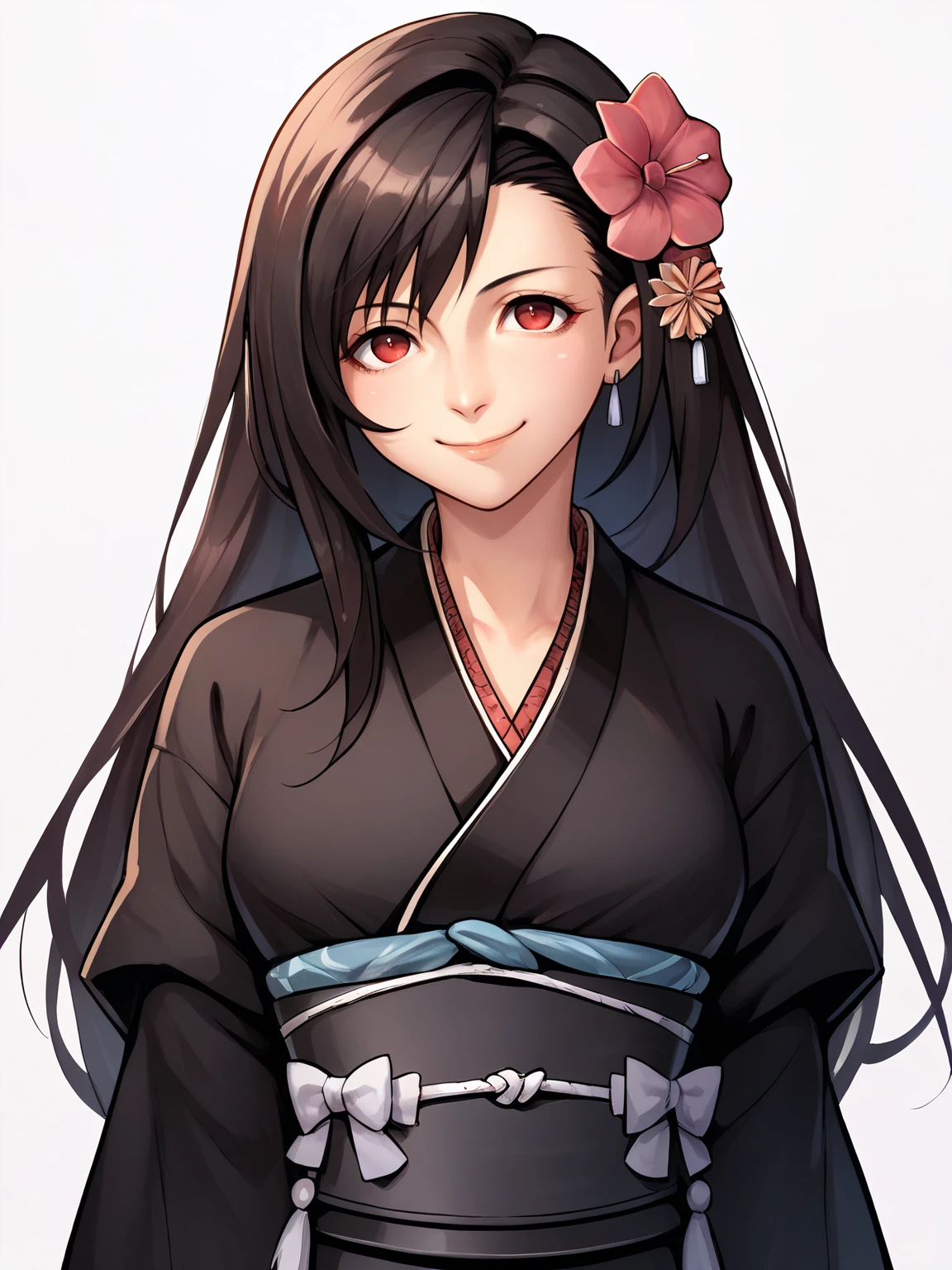 score_9, score_8_up, score_7_up, score_6_up, score_5_up, score_4_up, BREAK, source_anime,
1girl, tifaexotic, black hair, long hair, red eyes, hair flower, japanese clothes, black kimono, sash, wide sleeves,
arms behind back, smile, upper body, looking at viewer, solo, simple background, white background <lora:TifaXL:1>