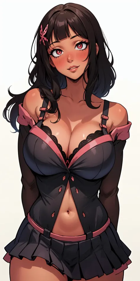 (masterpiece, best quality, perfect hourglass figure, wide waist, blush), busty, portrait, perfect face, flawless eyes, empty gradient background, beautiful lips, full lips, <lora:add_detail:-0.1>, (arms behind back), perfect waist, cowboy shot, perfect hips, ((huge breasts, deep cleavage)), saggy breasts, slight smile, <lora:sanpaku-eyes-v2:0.8> , sanpaku, red eyes, <lora:Dskin_v1.0:0.2> , tan, dark skin, brown skin, black hair, <lora:concave:0.8> , concave bangs, round pupils, flowing long hair, groin, navel, head tilt, <lora:SweetDevil:1> , long sleeves, off shoulder, bra, navel, layered skirt, butterfly hair ornament