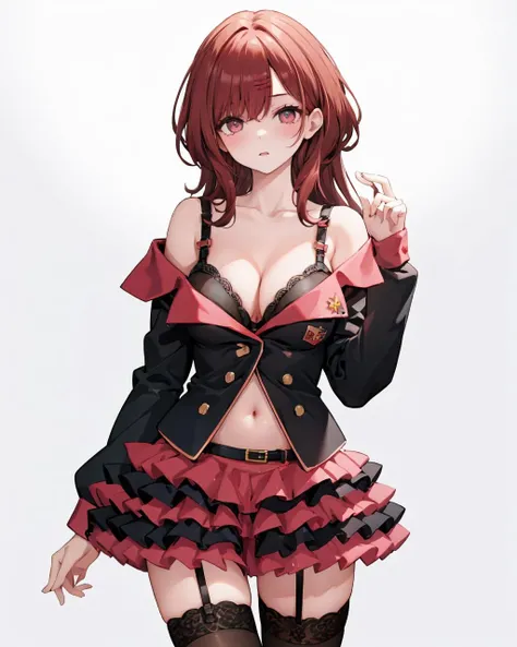 1girl,solo,standing,cowboy shot,large breasts, cleavage, 
layered skirt,long sleeves,bra,black thighhighs, <lora:char-madoka:0.8> ,<lora:SweetDevil:1>,off shoulder, buttons, navel, lace-trimmed legwear, (((long hair))),