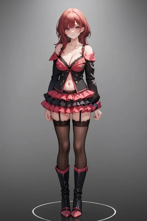 1girl,solo,standing,large breasts, cleavage,
layered skirt,long sleeves,bra,black thighhighs, <lora:char-madoka:0.8> ,<lora:SweetDevil:1>,off shoulder, buttons, navel, lace-trimmed legwear, (((long hair))), arms at sides, boots, high heels, full body,