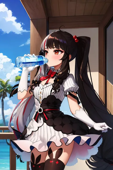 (masterpiece, best quality:1.2), solo, 1girl, yorumi rena, chugging, water bottle, twintails, hair bobbles, hair ribbon, dress, striped, bow, puffy short sleeves, white gloves, asymmetrical legwear, thighhighs <lora:nijisanji_yorumi:1> <lora:CONCEPT-Chugging:1>