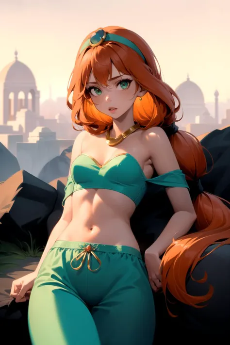<lora:jasmine_v0.2:1>
1girl, jasmine, pale skin, orange hair, freckles,
blue bandeau, multi-tied hair, green eyes, long hair, harem pants, arabian, looking at viewer,, masterpiece, best quality, highly detailed