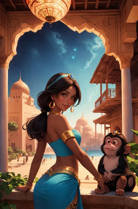 jasmine, dark-skinned female, pale skin, multi-tied hair, night sky, long hair, blue bandeau, Princess Jasmine and monkey on the balcony of her palace, Abu, monkey, capuchin, monkey cawing, monkey in red vest, monkey in headdress, surrounded by lush gardens and Arabian architecture, (Agrabah:1.1), Arab architecture, Disney style, magical lighting, enchanting atmosphere, Digital artwork, Resolution: 4k, cinematic view, scenic perspective, (best quality:1.2), (masterpiece:1.3), (high resolution:1.3), <lora:jasmine_v0.2:0.85>