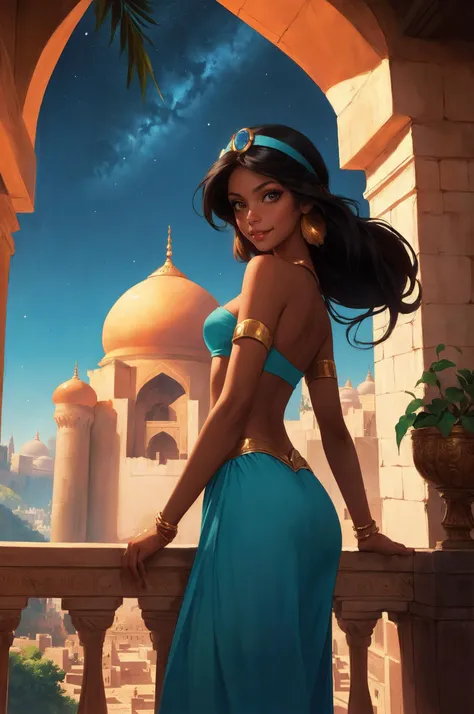 jasmine, dark-skinned female, pale skin, multi-tied hair, night sky, long hair, blue bandeau, Princess Jasmine and monkey on the balcony of her palace, Abu, monkey, capuchin, monkey cawing, monkey in red vest, monkey in headdress, surrounded by lush gardens and Arabian architecture, (Agrabah:1.1), Arab architecture, Disney style, magical lighting, enchanting atmosphere, Digital artwork, Resolution: 4k, cinematic view, scenic perspective, (best quality:1.2), (masterpiece:1.3), (high resolution:1.3), <lora:jasmine_v0.2:0.85>