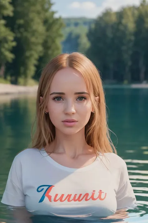 photo of S141_KaisaNord, a beautiful woman, in a (lake:1.2), wearing a (t-shirt:1.2), (sunset:1.1), (8k, RAW photo, best quality, depth of field, ultra high res:1.2), (absurdres, intricate, photorealistic, masterpiece, ultra-detailed:1.3)