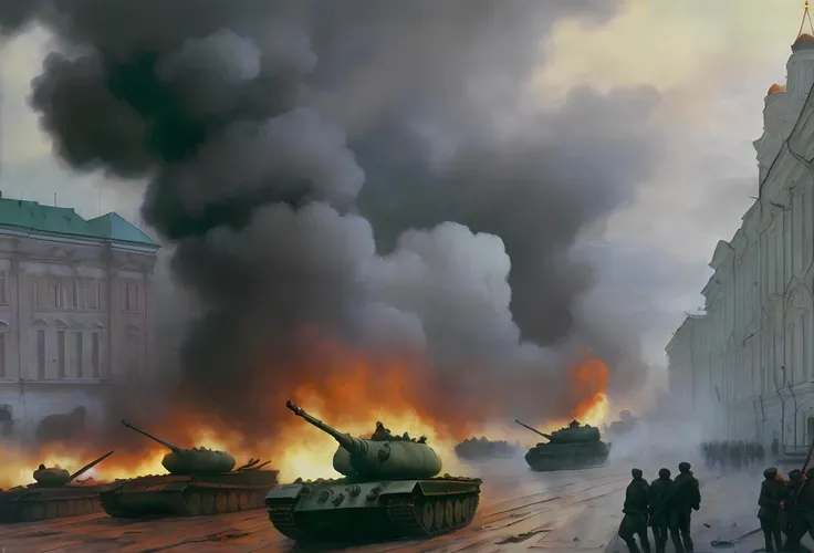 History painting, the russian revolution, 1990s, tanks, cloudy, riots, painting, moscow,