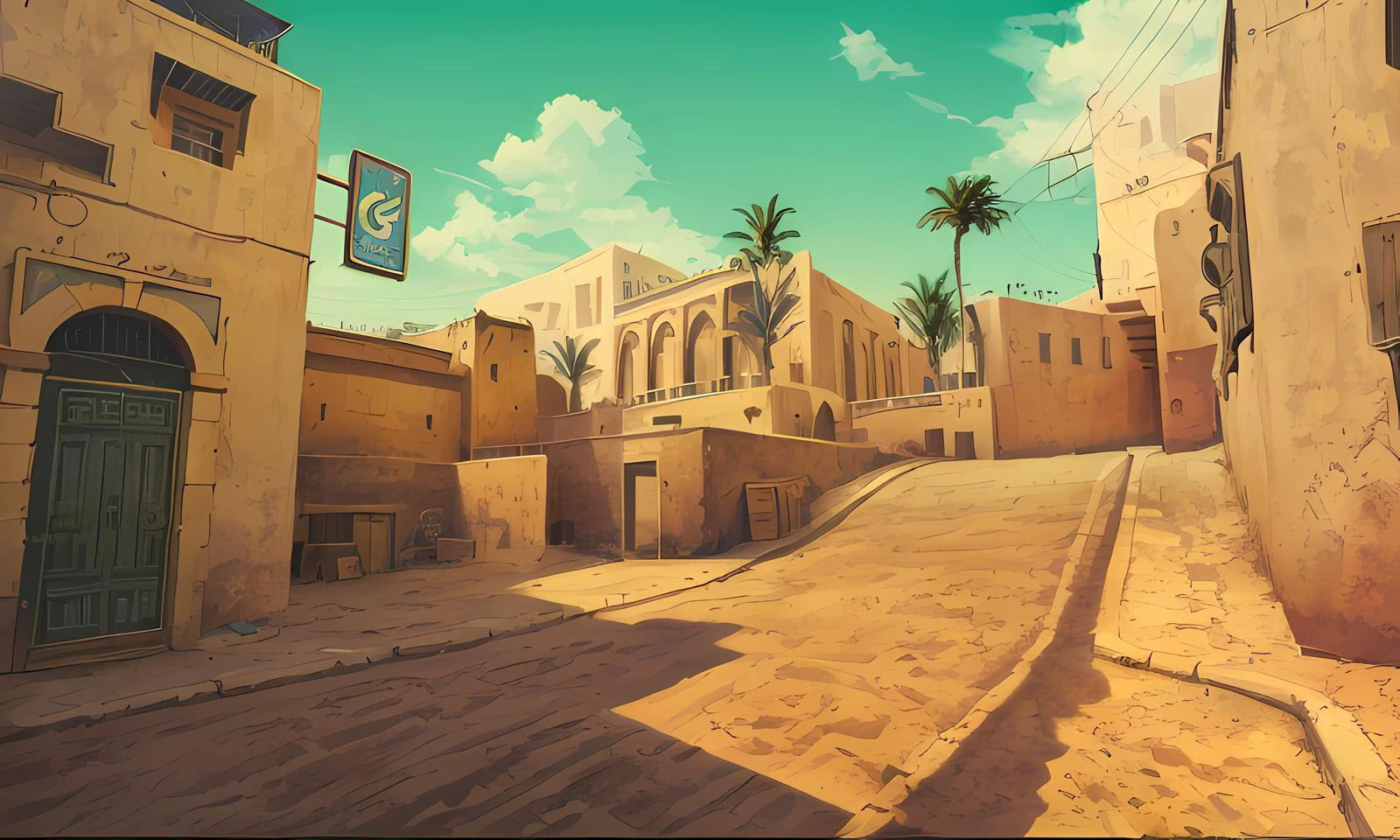 City, street, arabic, sunny, palm tree, sign, door, box, windows, sky, dry, run down, Dust II, <lora:howllatentDADAP4:0.8>