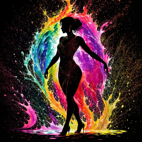 a fine color ink lineart sketching of a woman silhouette with a glossy shiny outline vibrant colors (reflective volumetric) splash, colorful, best quality, elegant, sharp clear art,
black background