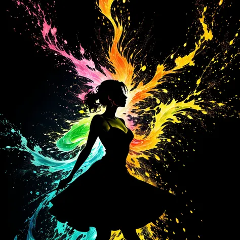 a fine color ink lineart sketching of a woman silhouette with a glowing shiny outline vibrant colors (reflective volumetric splash), best quality, elegant, sharp clear art,
black background, 4k resolution