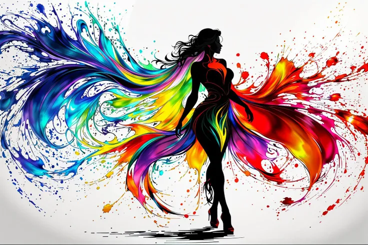 a fine color ink lineart sketching of a woman silhouette with a glossy shiny outline vibrant colors (reflective) [volumetric] splash of paint, colorful, best quality, elegant, sharp clear art