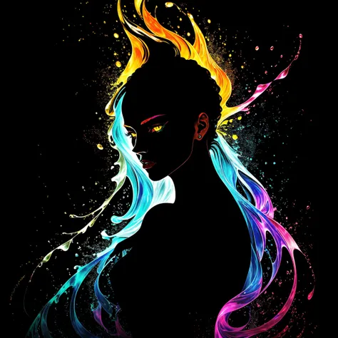 a fine color ink lineart sketching of a woman silhouette with a glowing shiny outline vibrant colors reflective volumetric splash, best quality, elegant, sharp clear art,
black background