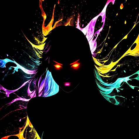 a fine color ink lineart sketching of a woman silhouette with a glowing shiny outline vivid-colorful-vibrant reflective volumetric splash, flashy sparkling, best quality, elegant, sharp clear art,
black background, 4k resolution