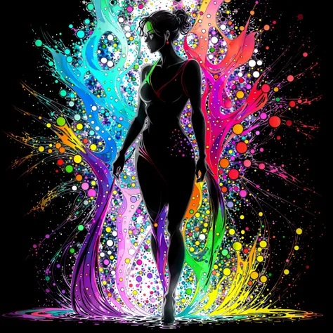 a fine color ink lineart sketching of a woman silhouette with a glossy shiny outline vibrant colors reflective [volumetric] splash,  colorful, best quality, elegant, sharp clear art,
black background