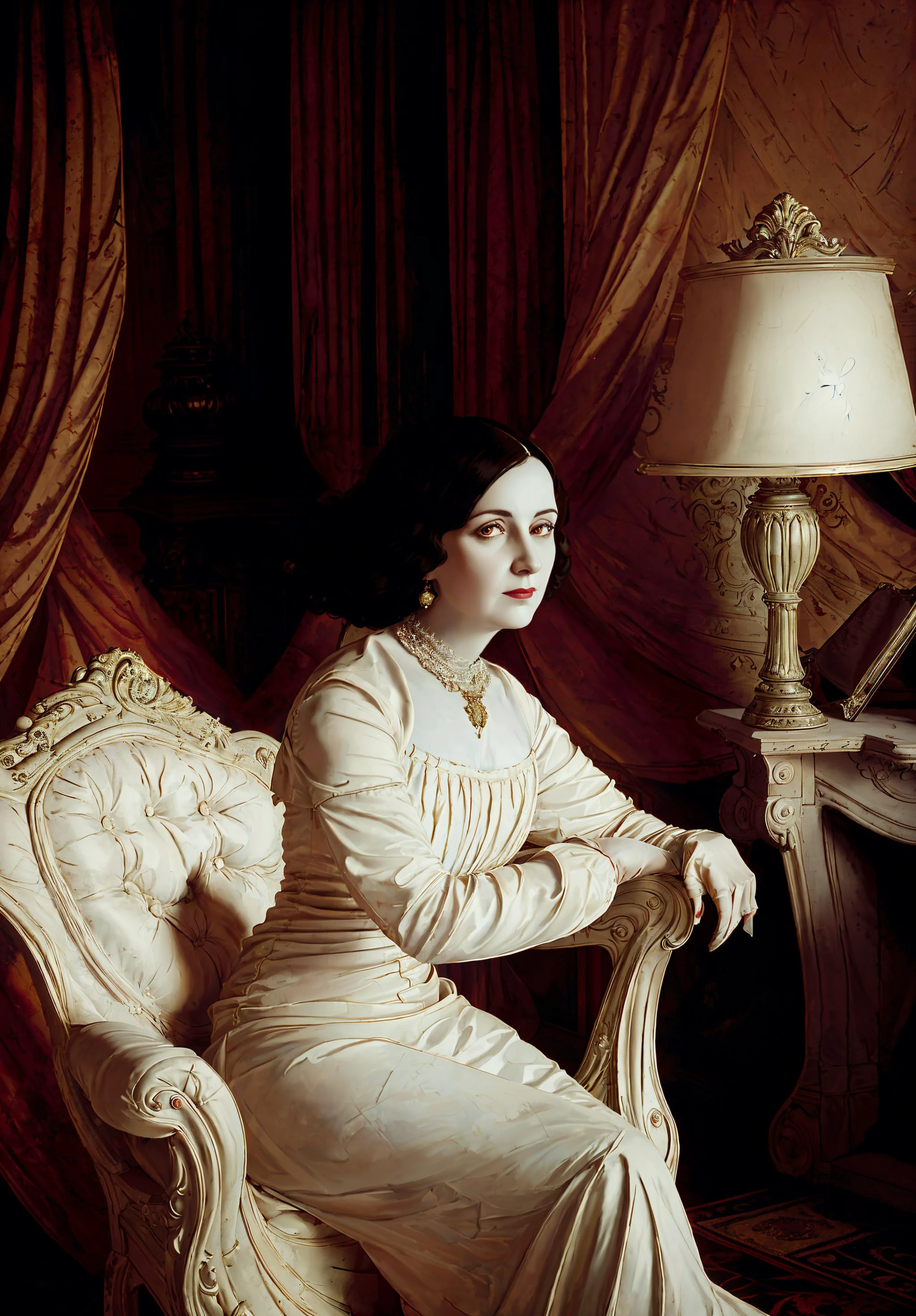 lady dimitrescu, oil painting, sitting on a chair, grand room, window, curtains, red carpet, fire place, night time, moon, looking to the side, detailed, HD, high quality, masterpiece, <lora:sxz-lady-dimitrescu:0.8> re8dmtrsc