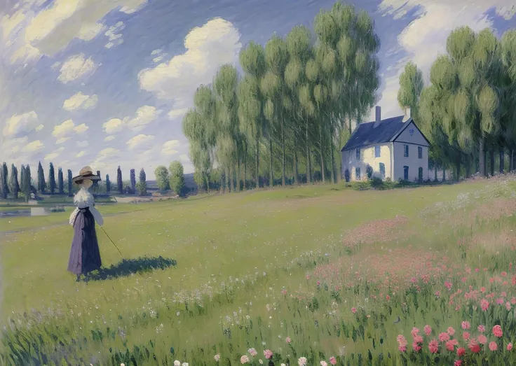 art by Claude Monet, Claude Monet art, grassy field, french house in the distance, day time, sky, clouds, birch trees, a women picking flowers , detailed