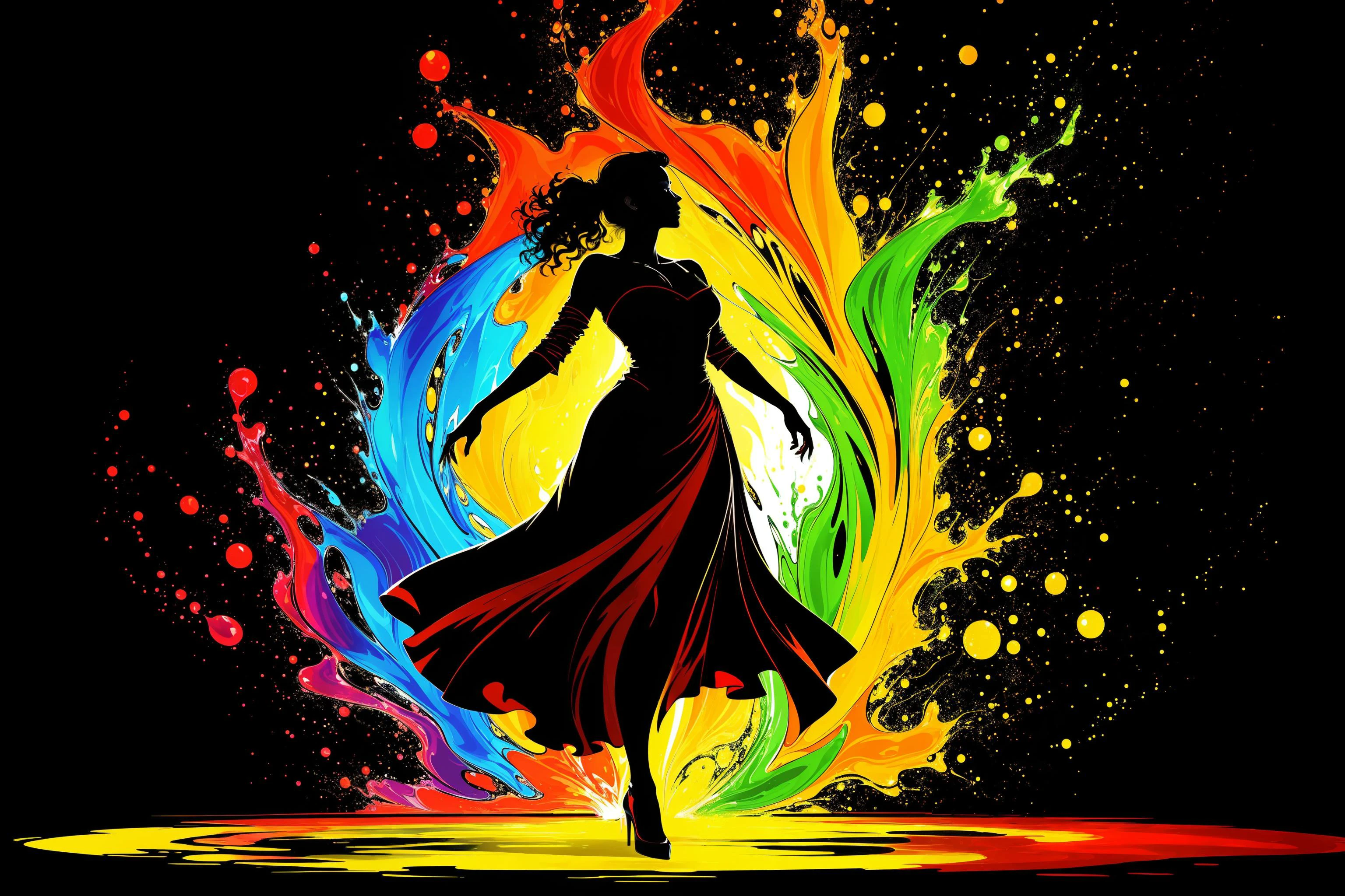 a fine color ink lineart sketching of a woman silhouette with a glossy shiny outline vibrant colors (reflective) [volumetric] splash, colorful, best quality, elegant, sharp clear art,
black background