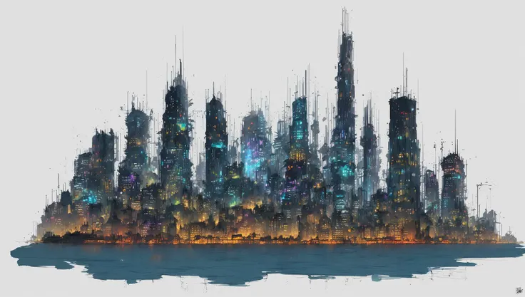 color ink sketch, nanopunk cityscape concept art, (style of nanopunk)