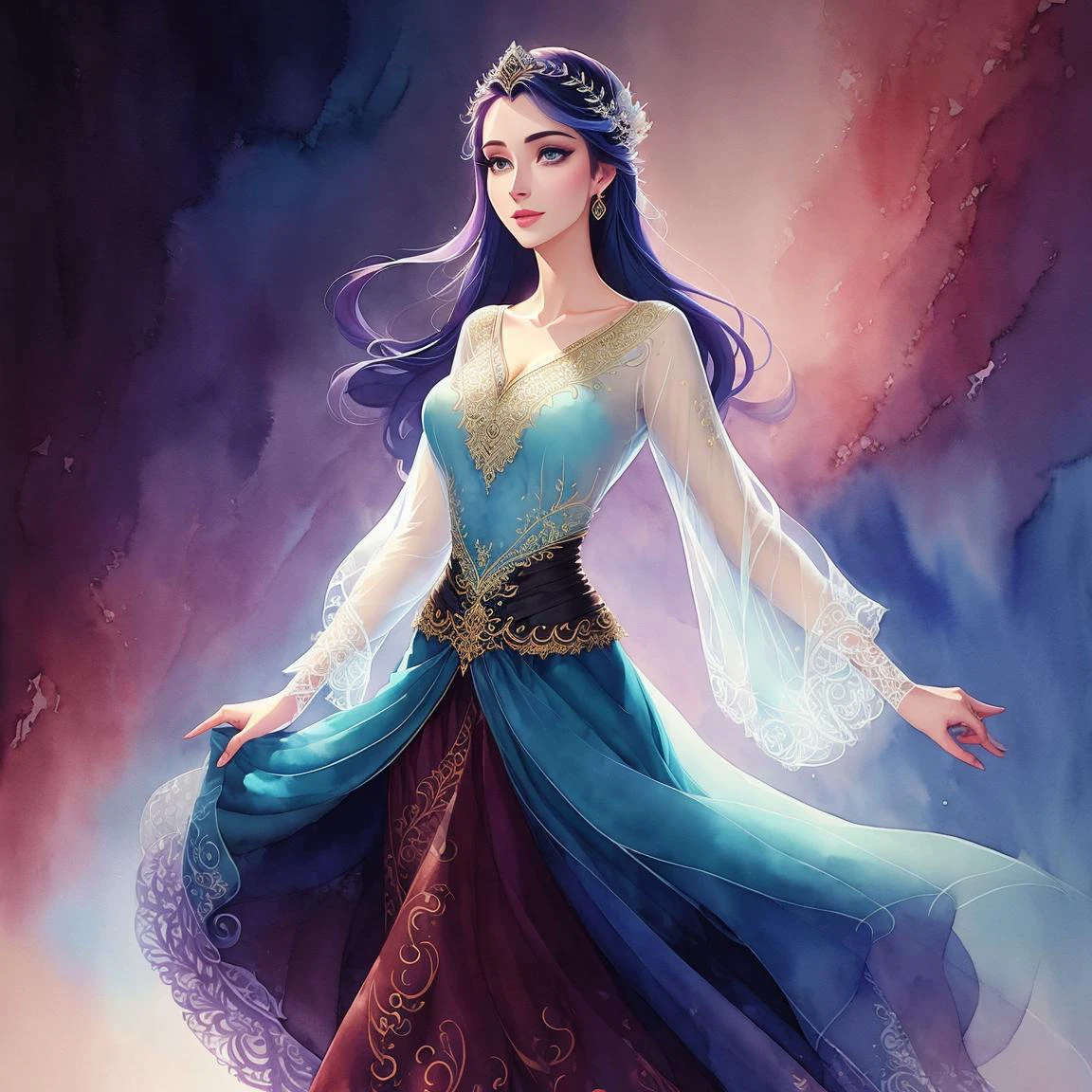 ( style of Glen Keane :1.2), attractive,graceful ( goddess ) wearing lace long blouse and skirt ,,
watercolor painting, (best quality), intricate, detailed