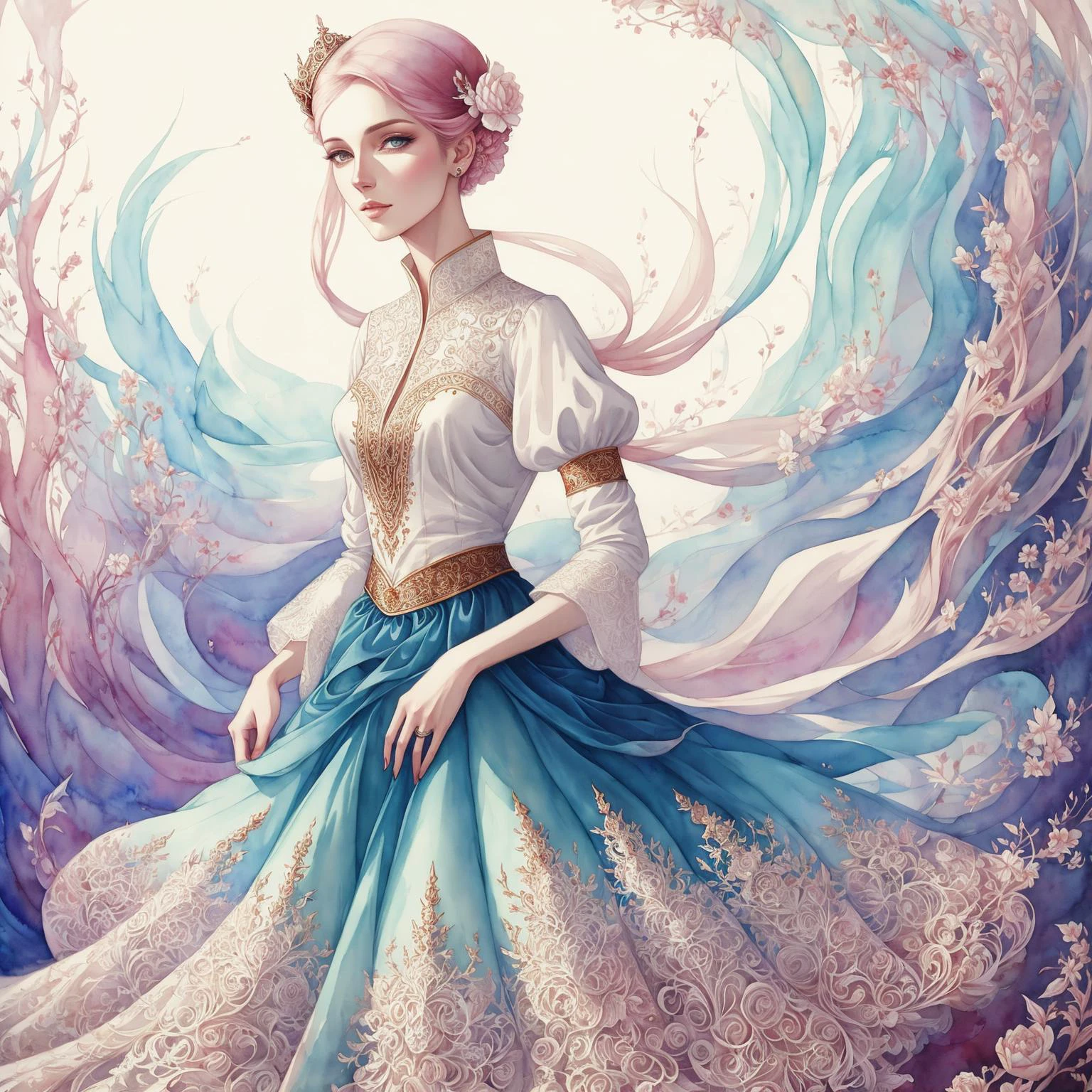 ( (style of Anna Dittmann:0.35) ,style of James Jean :1.2), captivating,irresistible (princess) wearing cotton long blouse and skirt ,,
( watercolor painting :1.005), (best quality), intricate, detailed