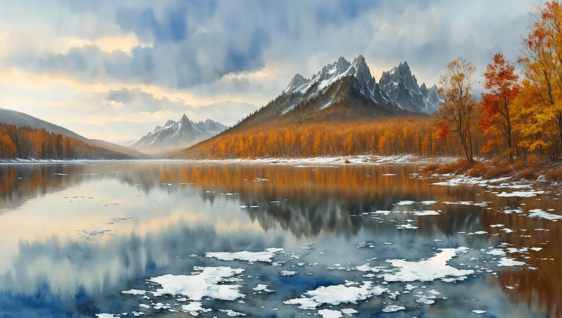 best quality,masterpiece ( watercolor sketch :1.11) of a
,
first ice on the lake in
autumn in the afternoon, overcast weather,
dim lighting, 8k resolution, detailed, focused,
atmospheric dreamscape painting,unsplash contest winner,
style of Gediminas Pranckevicius,(style of Frederick McCubbin:0.3)