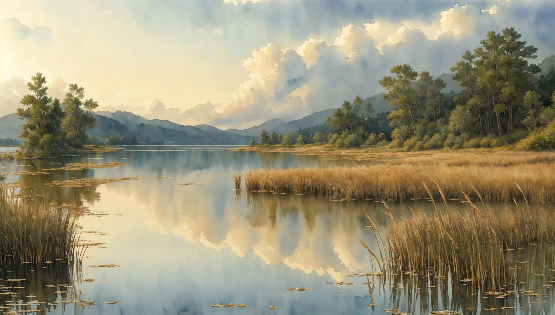 majestic,best quality ( watercolor sketch :1.11) of a
shore of the lake covered with reeds in
in the afternoon, cloudy ,
environmental lighting, 8k resolution, detailed, focused,
pixiv contest winner,pinterest,
(style of graham gercken:0.3) ,style of Alois Arnegger