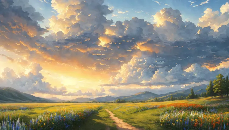 high quality,majestic  ( watercolor sketch :1.11) of a 
cloudscape,
(cumulonimbus:0.7) clouds,
beautiful detailed wild fields of various flowers in  
summer in the evening, sunset,  weather,
cinematic lighting, 8k resolution, detailed, focused,
deviantart contest winner, 
style of Thomas Kinkade,style of Alois Arnegger