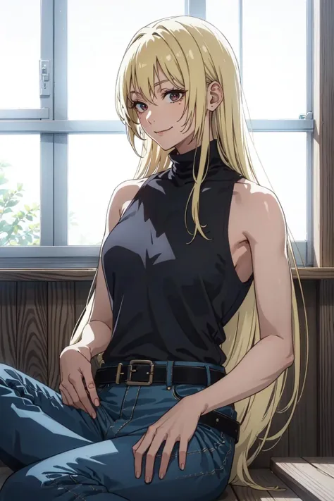 YukiTsukumo, 1girl, solo, long hair, smile, blonde hair, shirt, bare shoulders, sitting, sleeveless, belt, pants, indoors, black shirt, mole under eye, window, turtleneck, denim, backlighting, sleeveless turtleneck, <lora:YukiTsukumo-05:0.6>