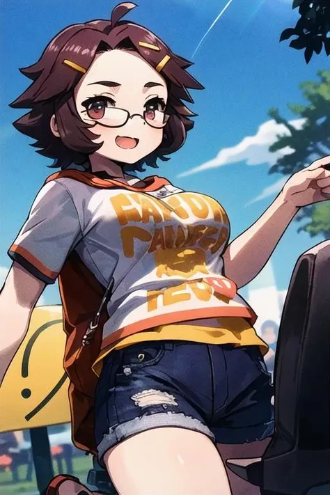 <lora:ran_v1.00:0.6>, masterpiece, best quality, (ultra-detail:1.1), 1girl, solo, ran, <lora:more_details:0.3>, glasses, hair ornament, hairclip, under-rim eyewear, clothes writing, happy,