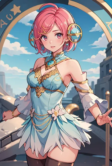 (masterpiece, best quality), 1girl, <lora:GaiaWO:0.8> GaiaWO, 1girl, solo, short hair, hair ornament, blue dress, bare shoulders, jewelry, medium breasts, pink hair, detached sleeves, thighhighs,