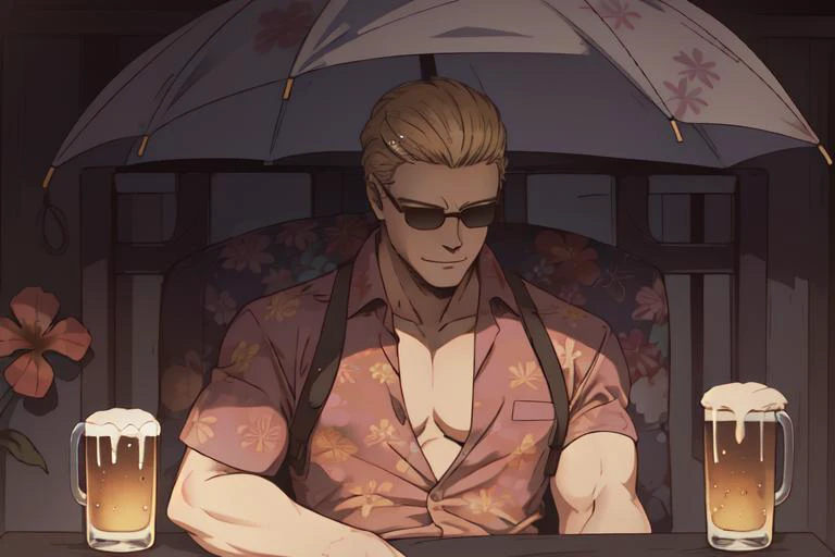 (Albert Wesker:1.4), upper body, highly detailed, highres, extremely detailed, detailed background, perfect eyes, perfect face, high quality, detailed face, anime, best quality, (masterpiece:1.2), 4k, (ultra detailed 8k art:1.1), absurd resolution, cinematic lights, intricate detail, detailed hands, detailed eyes, animation, illustration, back combed hair, (blonde hair:1.4), combed back, hair back, short hair, comb back hair, (1man), back comb haircut, mature male, looking at viewer, shades, sunglasses, 1boy, high definition, sharp focus, <lora:neg4all_bdsqlsz_V3.5:1>, OverallDetail, deep shadow, dimly lit, shade, animification, <lora:dreamlookai_lora_db_bb89d853_ckp_9966b693_step_3000_Wesker:0.7> wesker, <lora:Hiroyuki Kitazume:0.4>, edgQuality, Illust-InstaFilter, <lora:beard_slider_v10:-3>, <lora:gender_slider_v1:-4>, Best_QualityPos, Earth-QualityPos, BodyPositive, prettify, hotify, slick back hair, <lora:AlbertWeskerRE:0.5> AlbertWeskerRE, <lora:neg_bdsqlsz_V2:1>, pureerosface_v1, <lora:hyperdenoiser_v090:0.6>, <lora:hyperrefiner_v090:0.6><lora:REAlbertWesker:1> REAlbertWesker, best hands, (drinking 1 beer), (1 beer mug), (Hawaiian shirt:1.5), smile, fresh, outdoors, beach, (shirt fully unbuttoned), pecs, abs, (shirt wide open), sitting, open legs, (yellow Beach Umbrella), Adirondack Chair, (crowded beach with people in swimsuits:1.6), crowd, summer, (floral print hawaiian shirt:1.6), bermudas,